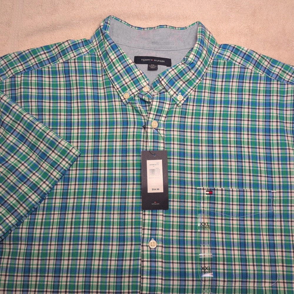 NEW Tommy Hilfiger Mens Short Sleeve Button Shirt Sz XXL Blue/Green Plaid Cotton